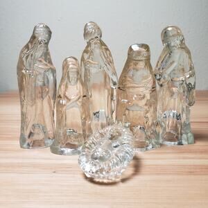 Vintage 6 Piece Small‎ Clear Glass Nativity Scene Minimalist Simple Christmas